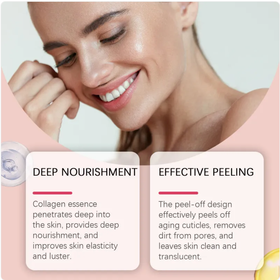 Peel-off face mask on cheeks and chin with feature cards beside it