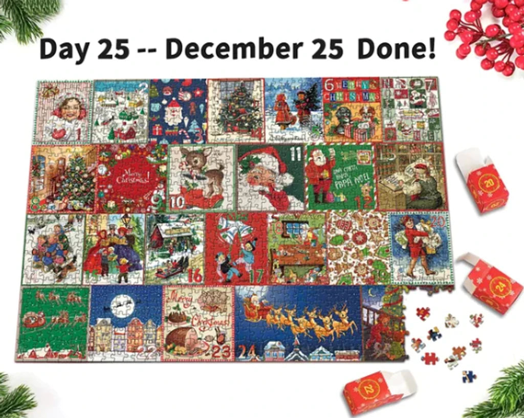 Christmas advent calendar jigsaw puzzle layout with 24 colorful numbered panels