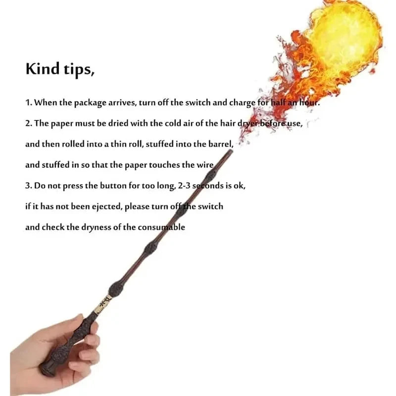 Magic wand toy held in hand with glowing fireball flame at the top