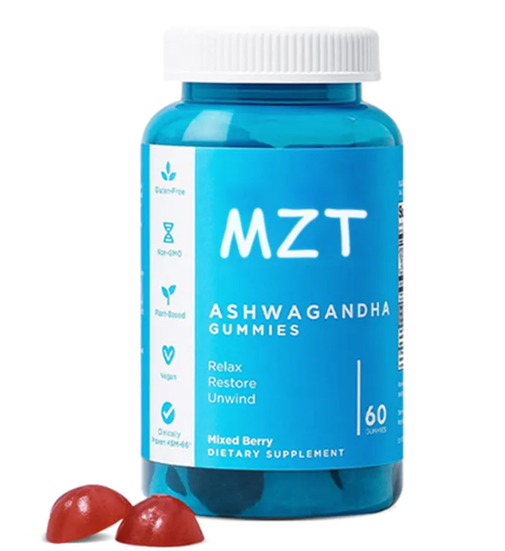 MZT ashwagandha gummies bottle with white cap, blue label, mixed berry, 60 gummies