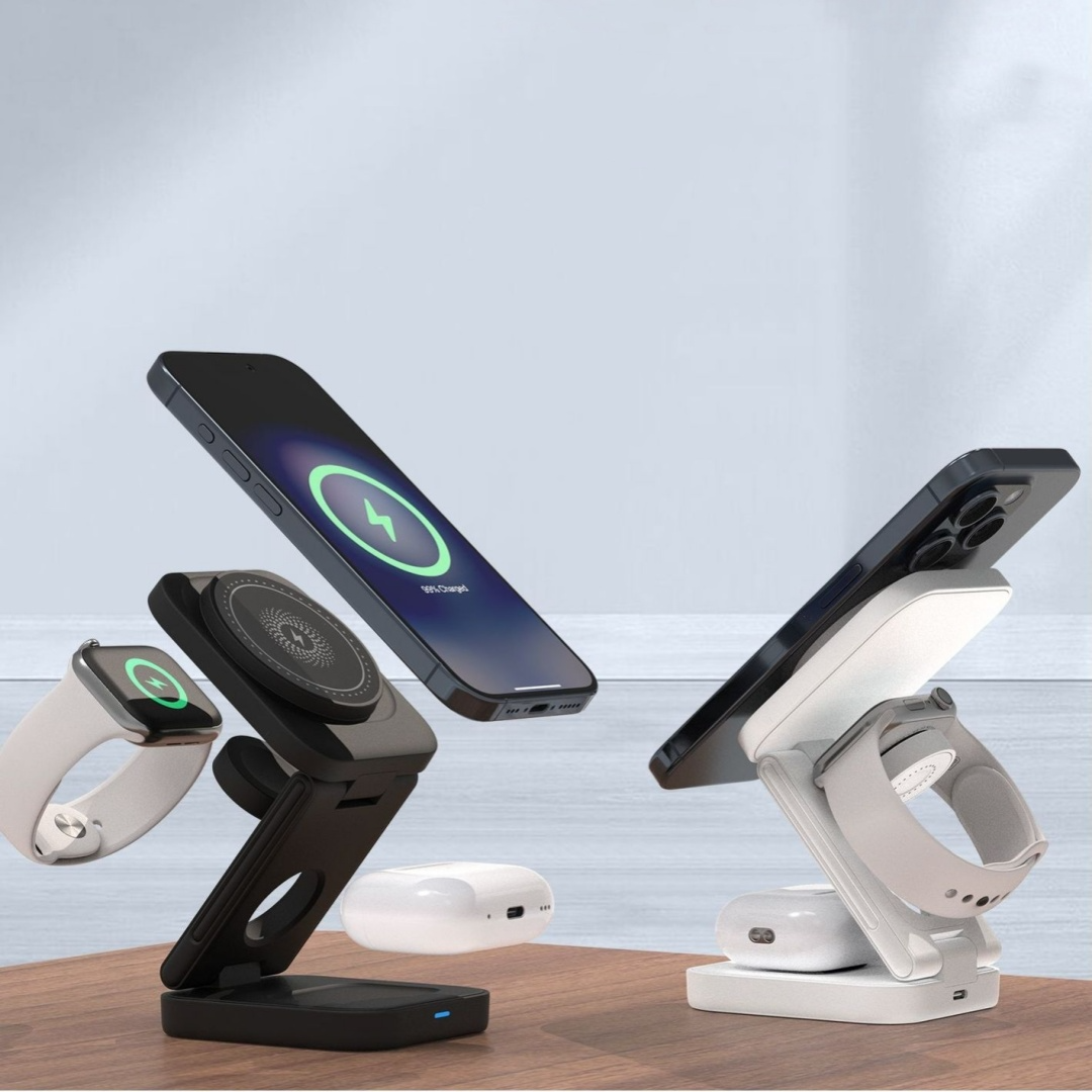 Foldable magnetic wireless charging station with smartphone, watch pad, and earbuds