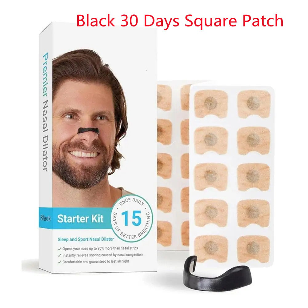 Black nasal dilator starter kit packaging with patch sheet and black support piece