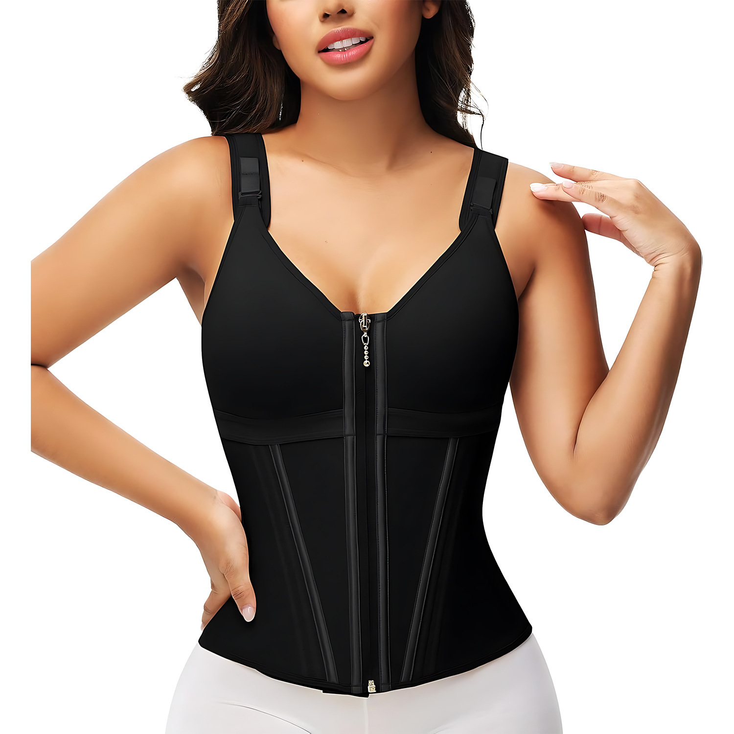 Black mesh waist corset shapewear, scoop neckline, front zip, and reinforced waist