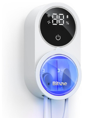 White UV toothbrush sanitizer holder with blue-lit circular window and digital % display