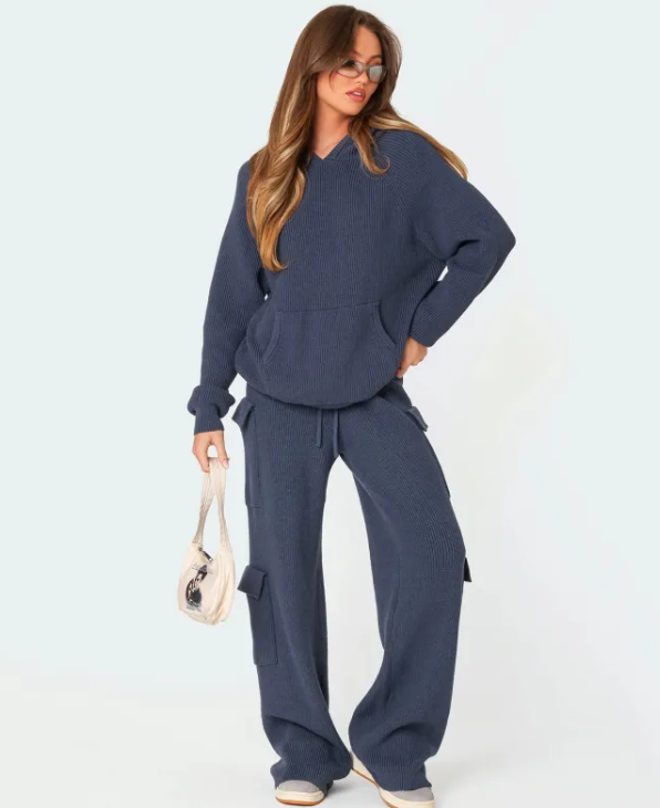 Navy hooded sweater top with drawstring waist jogger pants two-piece tracksuit