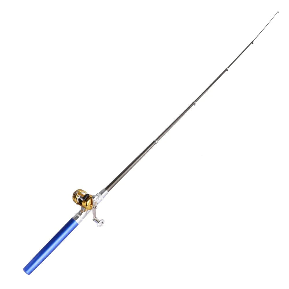 Compact fishing rod with black shaft, blue handle sleeve, and gold mini reel