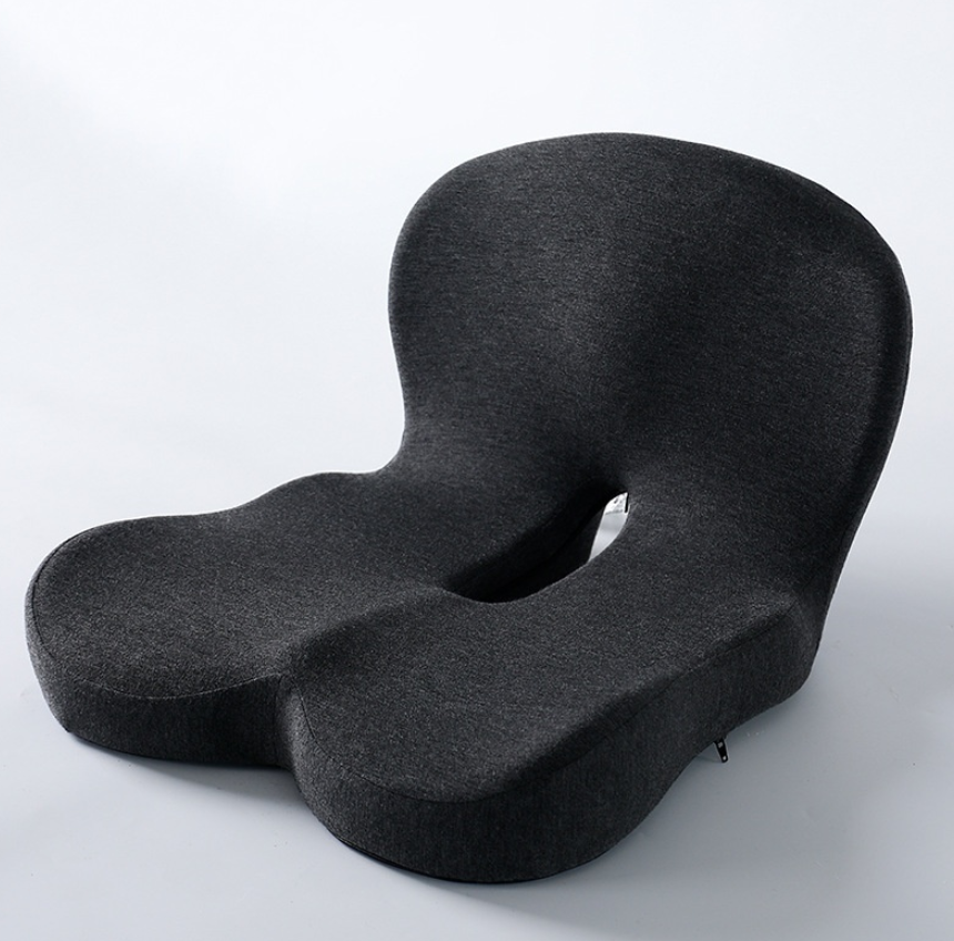 Memory foam ergonomic seat cushion with U-shaped cutout, dark gray fabric.