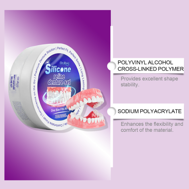Round silicone denture reline container with partial teeth and polymer ingredient callouts