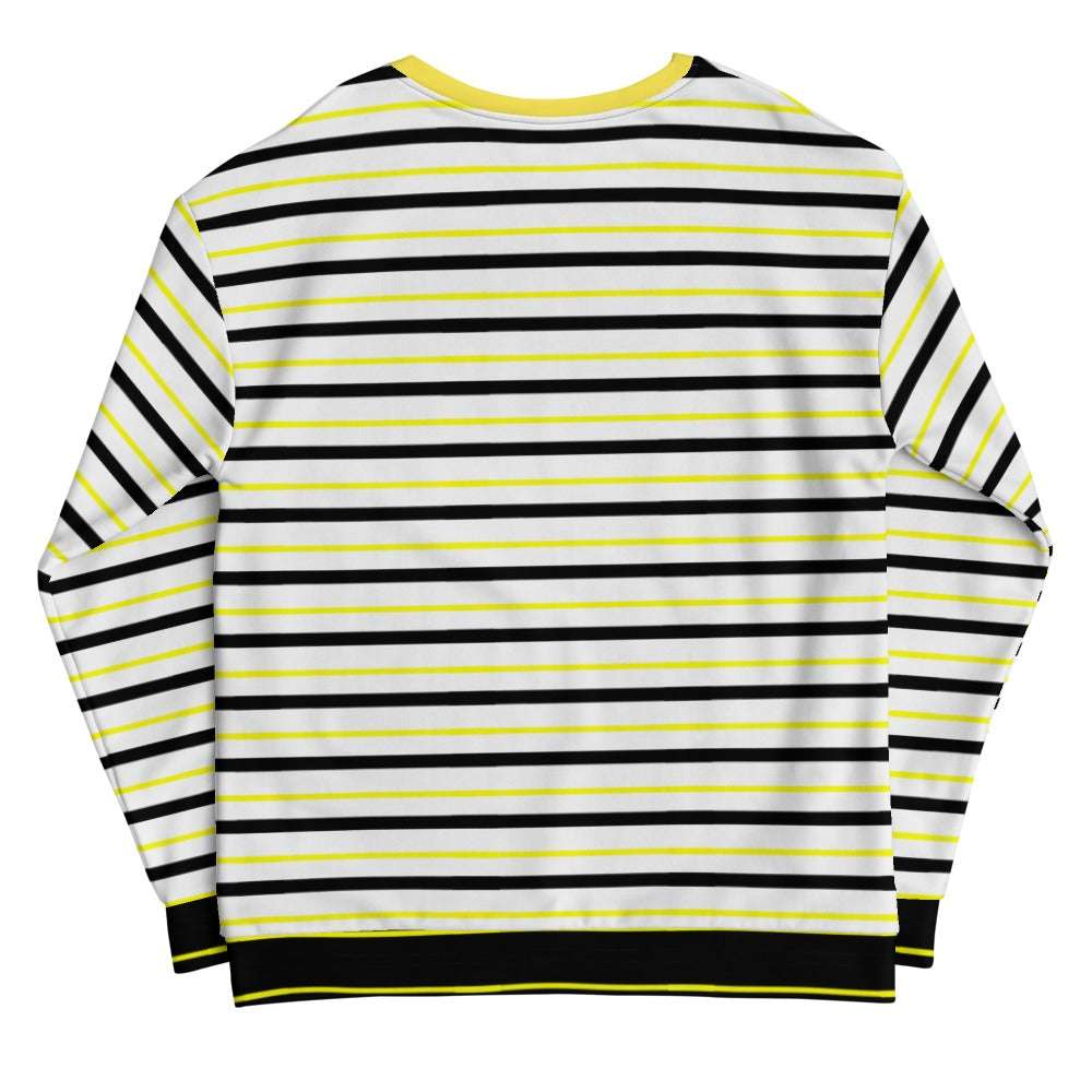 Striped crewneck sweatshirt back view with yellow collar and black hem band