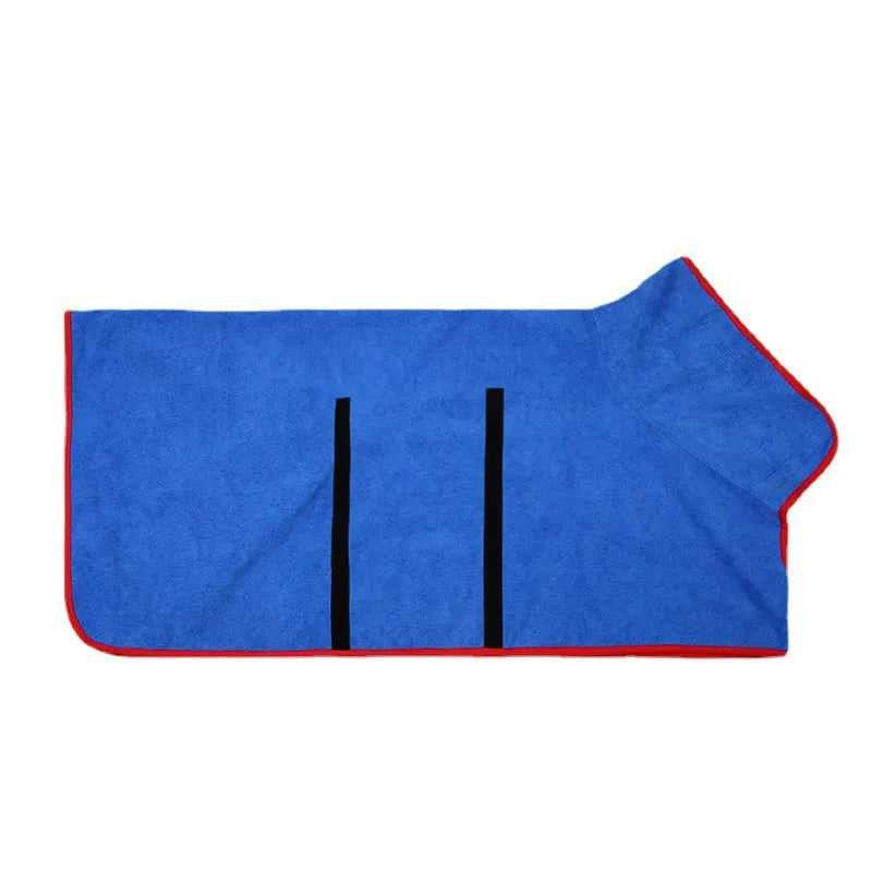 Pet bathrobe towel for dogs, blue microfibre with red edging and two front strap loops