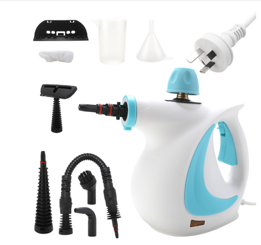White and blue handheld steam cleaner with accessory nozzles and flexible hose set