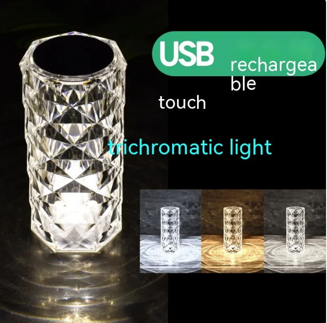 Clear silver faceted crystal rose LED night light, cylindrical crystal texture