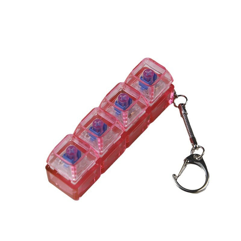 Pink transparent light-up shaft fidget toy with blue buttons and keychain ring