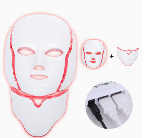 White LED face mask with red outline and USB cable connection inset