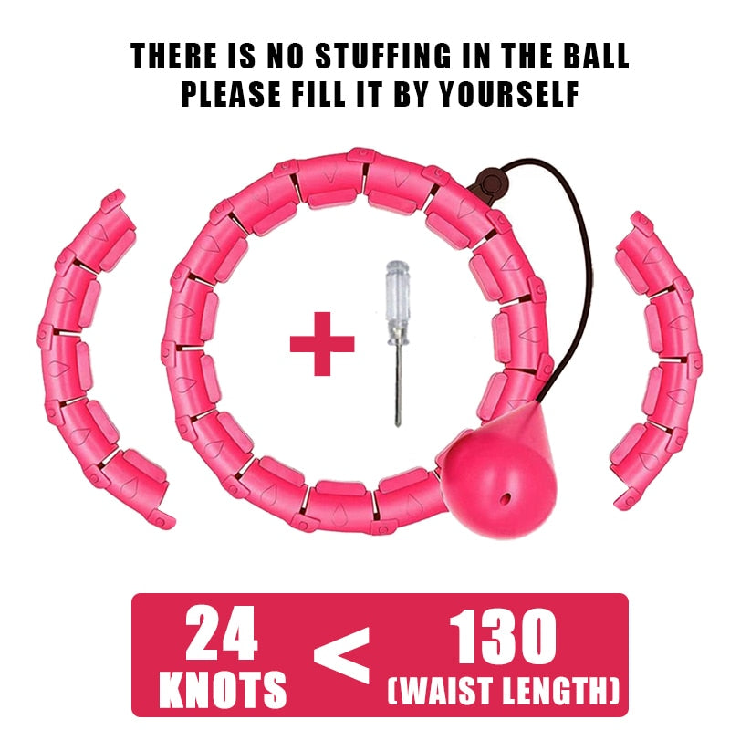 Pink weighted hula hoop with segmented ring and massage ball, black cord, silver rod