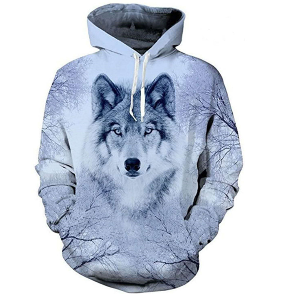 Light blue wolf-face 3D print pullover hoodie with hood drawstrings and kangaroo pocket