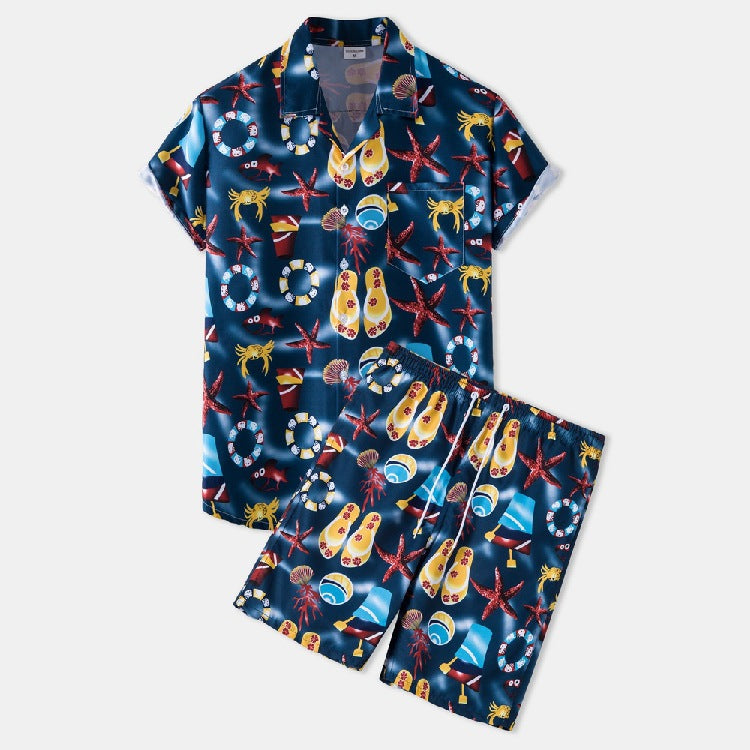 Men's Hawaiian beach set: navy short-sleeve shirt with matching shorts, allover beach icons