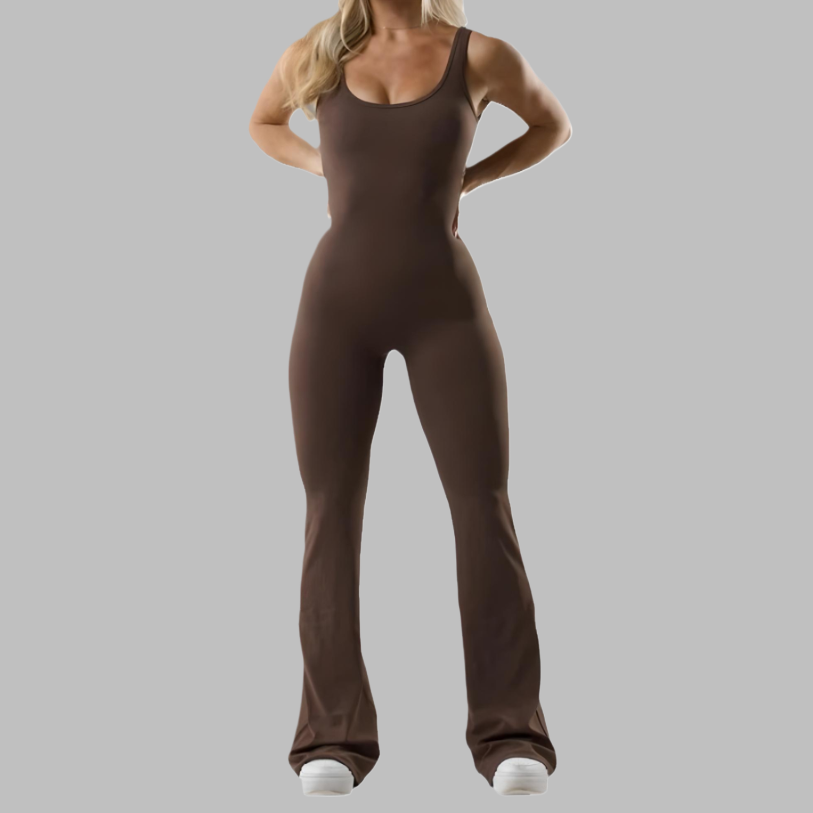 Dark brown flared one-piece jumpsuit with wide bell-bottom legs and scoop neck