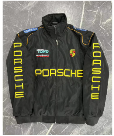 Men's black bomber jacket with Porsche print, TOYO badge, crest patch, and yellow sleeve trim