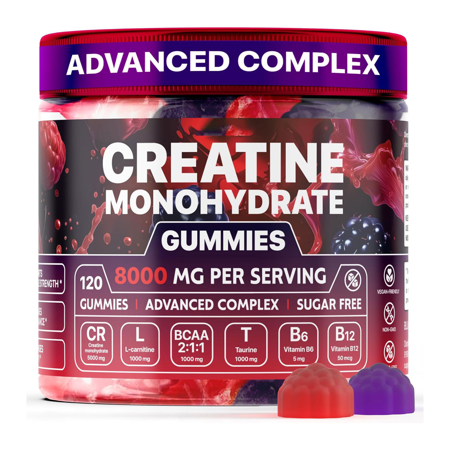 Creatine monohydrate gummies tub with purple cap and berry-colored gummy pieces