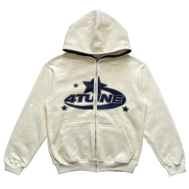 Women’s off-white hooded zip-up hoodie featuring a 4TUNE star logo across the front