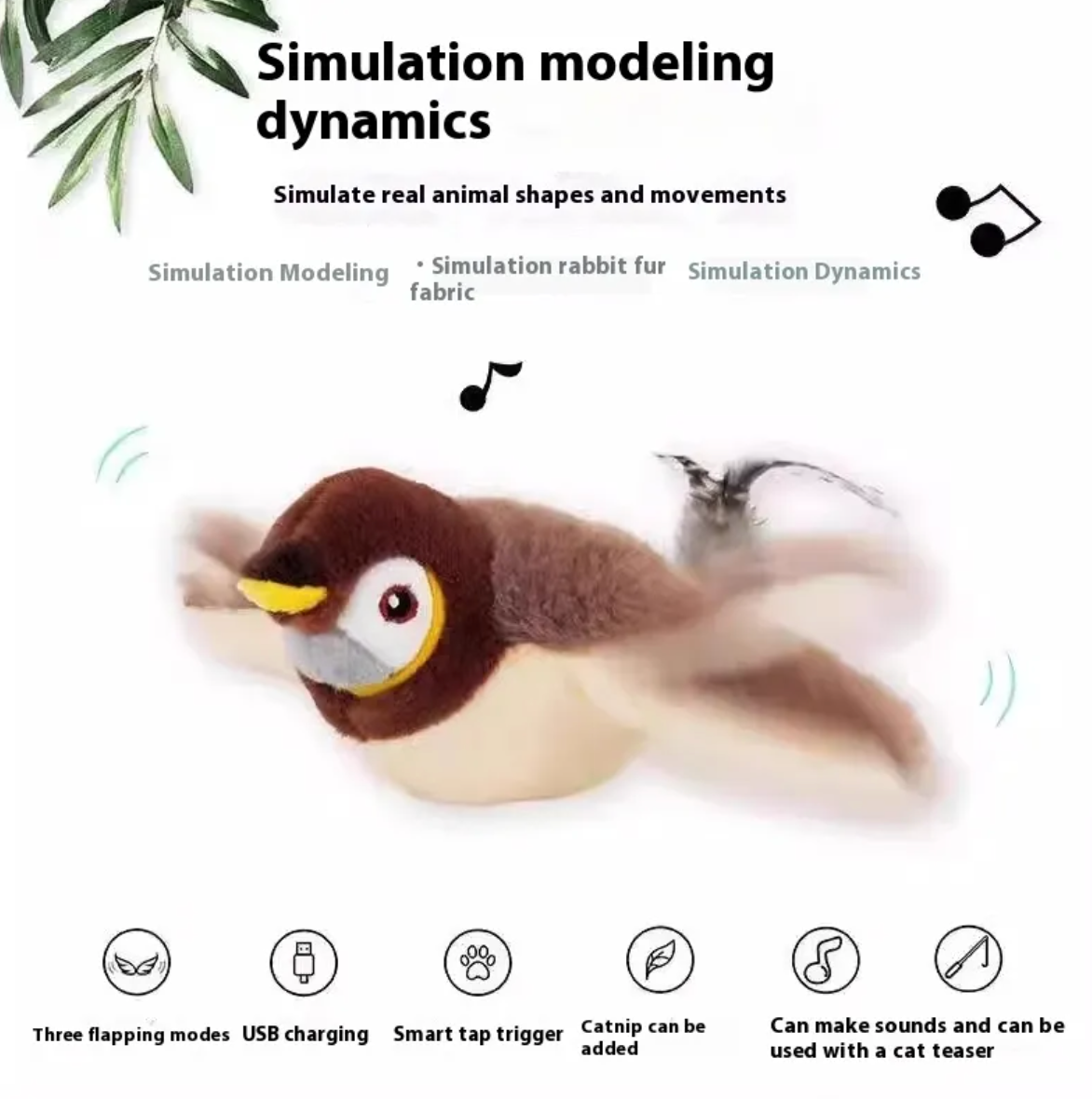 Plush bird cat toy with brown body, white belly, and brown beak, posed in motion