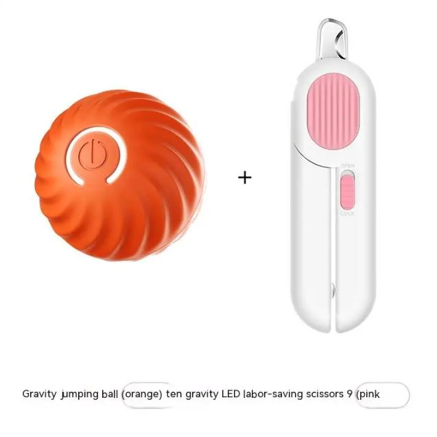 Interactive dog ball toy set: orange ribbed jumping ball with white self-moving device, pink window