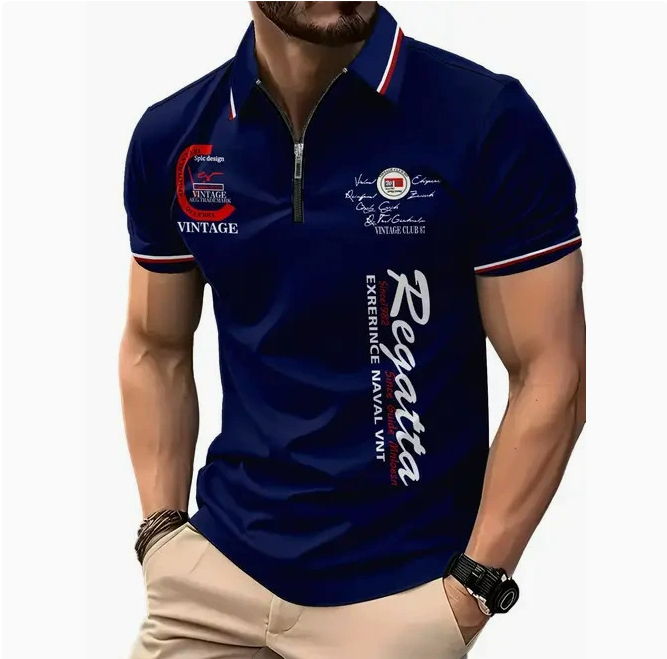 Men's graphic zip-up polo shirt, navy blue with VINTAGE crest and vertical red graphic