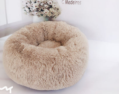 Round plush pet bed, beige/tan donut nest with soft shaggy plush texture