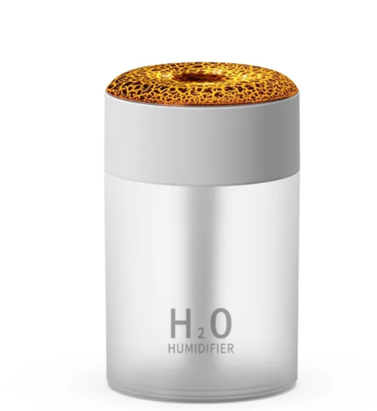 White ultrasonic humidifier with textured top and “H2O HUMIDIFIER” label on front