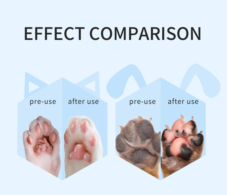 Before and after comparison of dog paw care balm on paws, showing treated pads