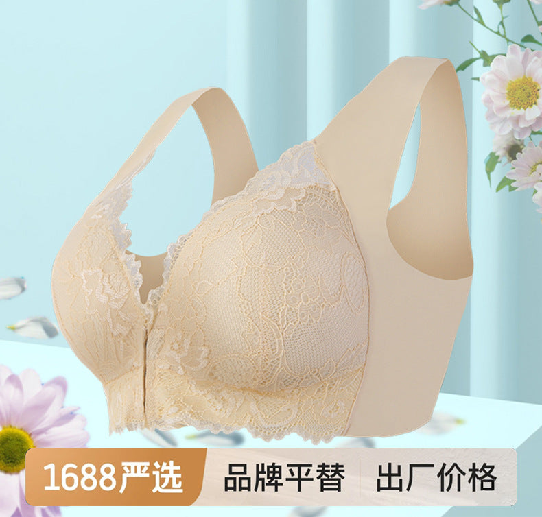 Beige lace wireless bra with scalloped lace trim and no-wire support