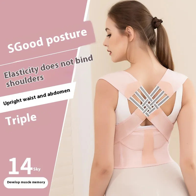 Posture corrector band with light pink crisscross straps, back view on model