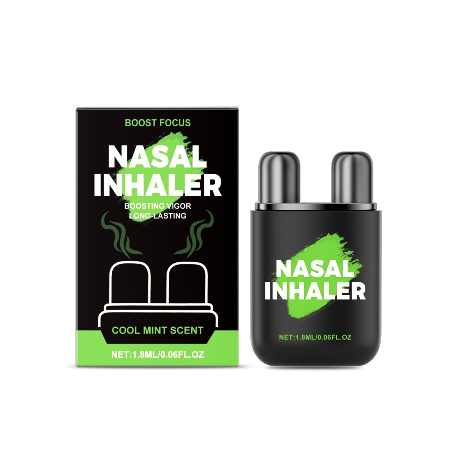 Nasal inhaler kit with black box and portable inhaler bottle, green label accents