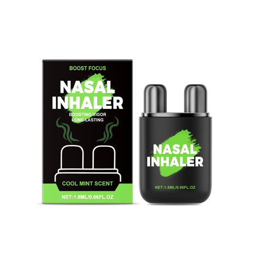 Nasal inhaler kit with black box and portable inhaler bottle, green label accents