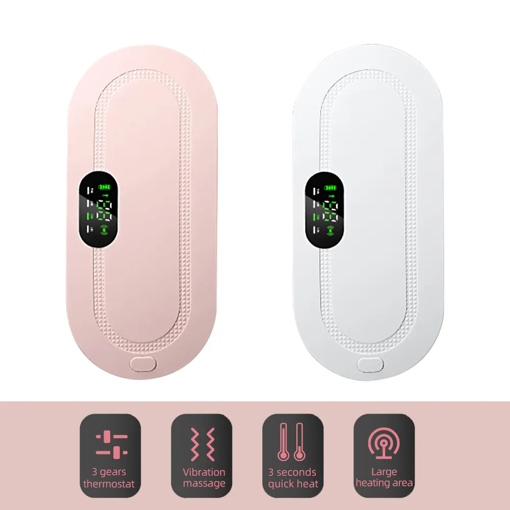 Pink electric heating belt with gray strap and oval front heating pad with digital display