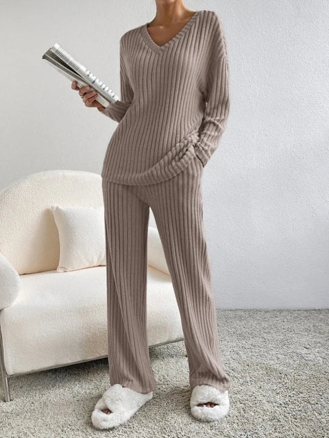 Women’s 2-piece loungewear set, taupe ribbed knit V-neck and relaxed straight-leg pants