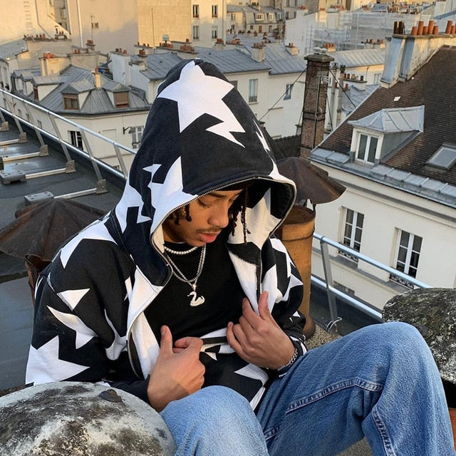 Women’s zip-up hoodie with black-and-white star print, full hood and front pockets