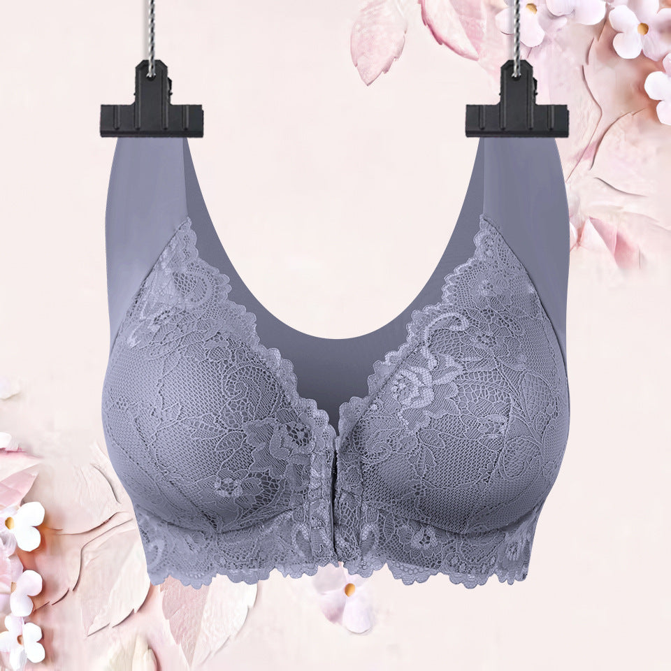 Slate blue lace wireless bra with scalloped V-neck and full-coverage cups