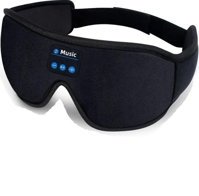 Black Bluetooth sleep eye mask with built-in control panel and wide padded strap