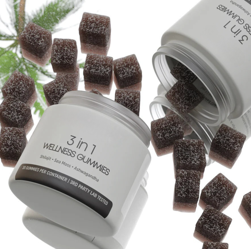 3 in 1 wellness gummies jar with dark gummy cubes and open container