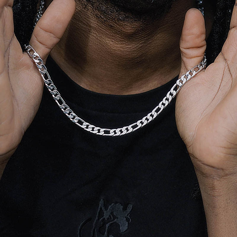 Stainless steel twisted rope Figaro necklace with oval Figaro-style chain links, silver-toned
