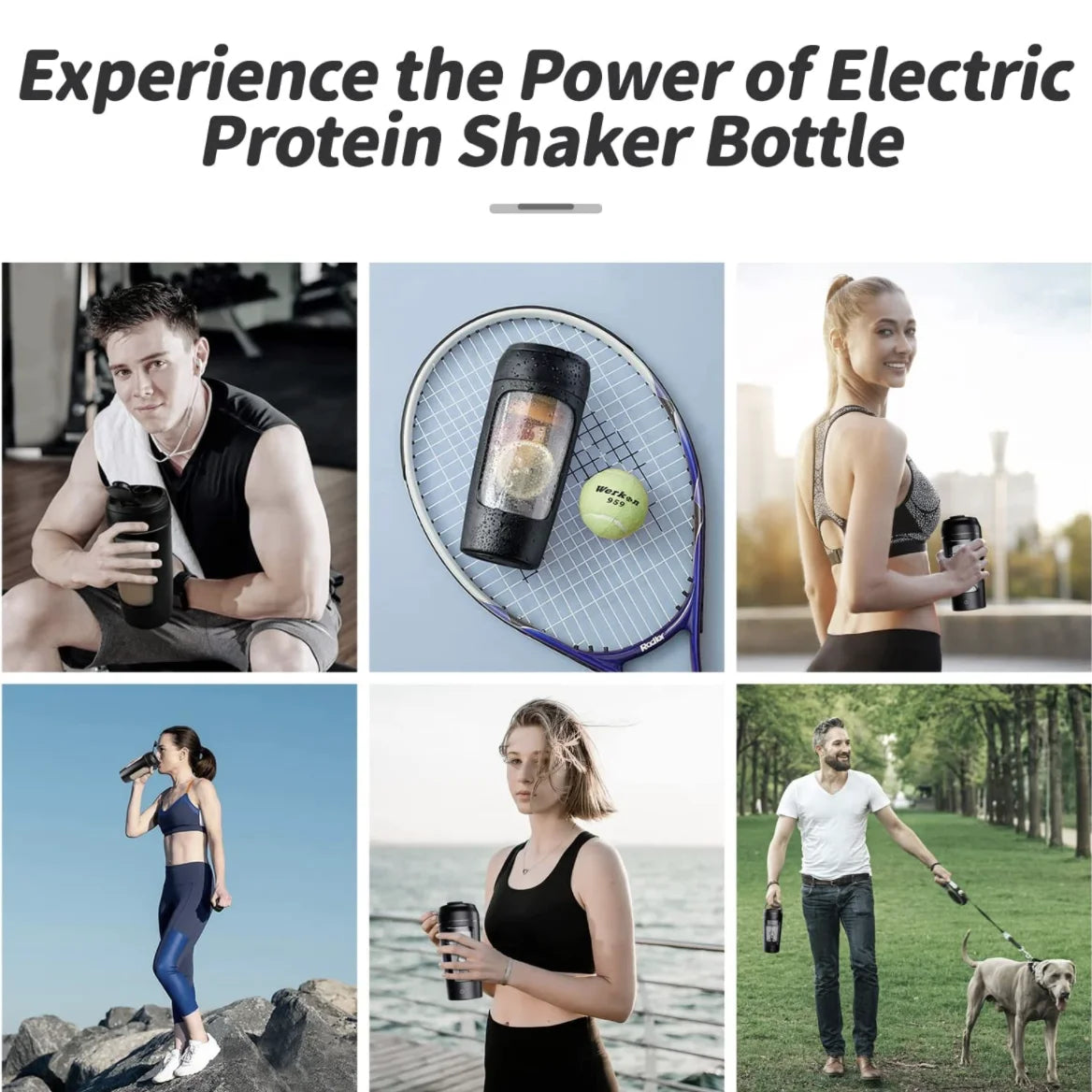 Electric shaker bottle shown being used outdoors and indoors, with flip lid and power cup