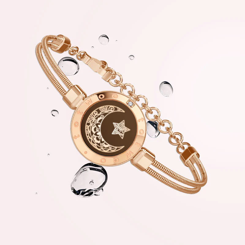 Rose-gold moon dial smart bracelet with linked chain and braided cord, clasp detail