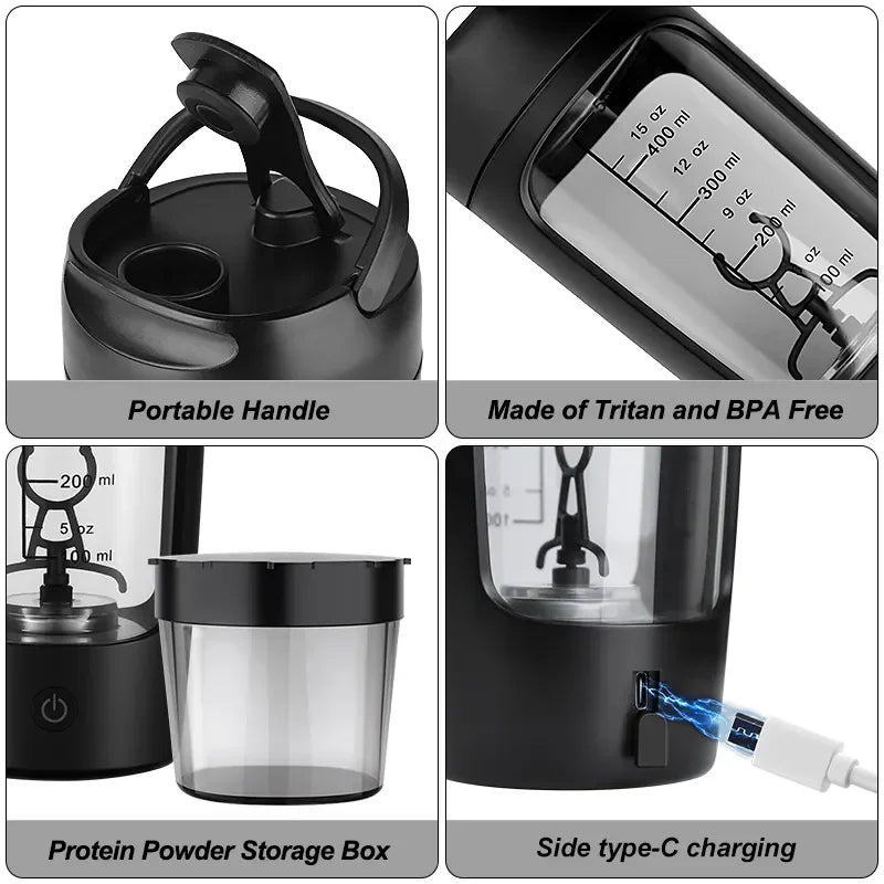 Electric shaker bottle, black with portable handle, mixing rod, and charging Type-C port view