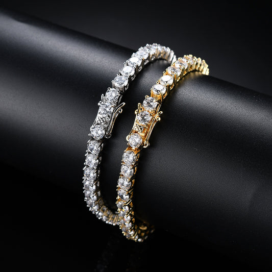 Tennis chain bracelets set: gold and silver bands with single row clear zircon-like stones.