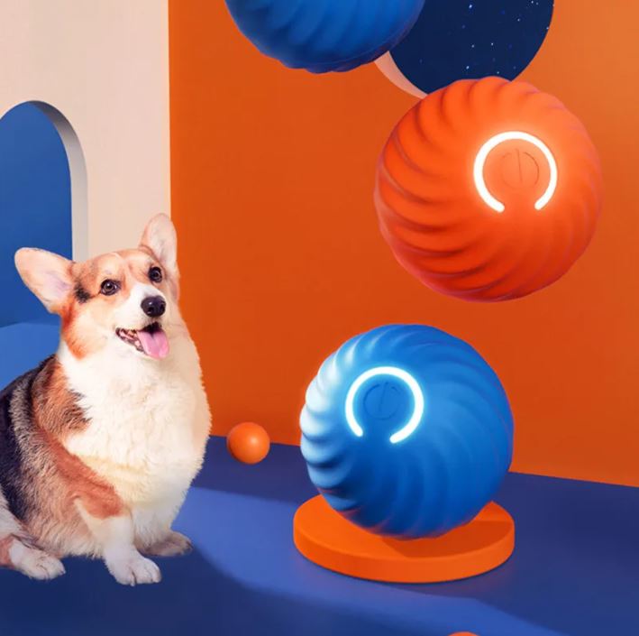 Blue rubber dog jumping ball with glowing LED ring and ridged design