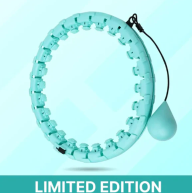 Light teal weighted hula hoop with massage nodes and attached fillable ball pouch