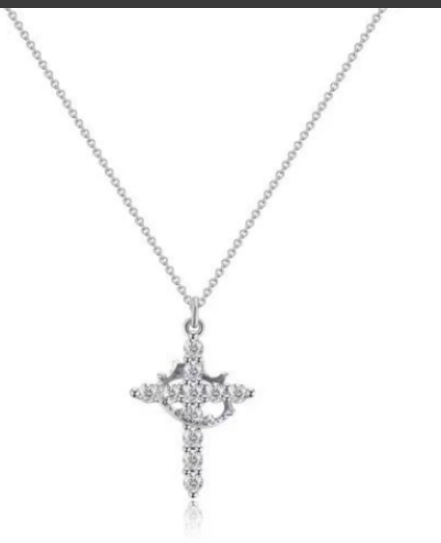 Cross pendant Y-chain necklace in silver tone with crown details and sparkle accents.