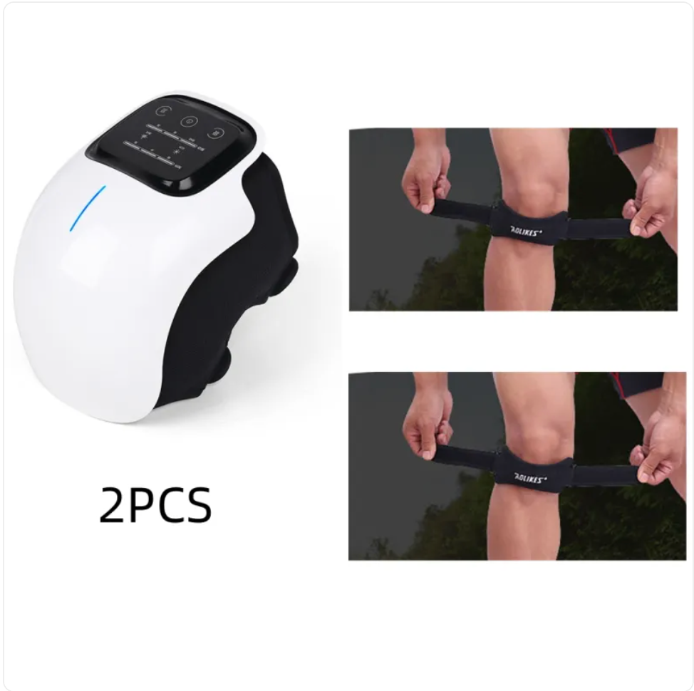 Knee massager set with white device and black wrap straps, shown with knee fastening